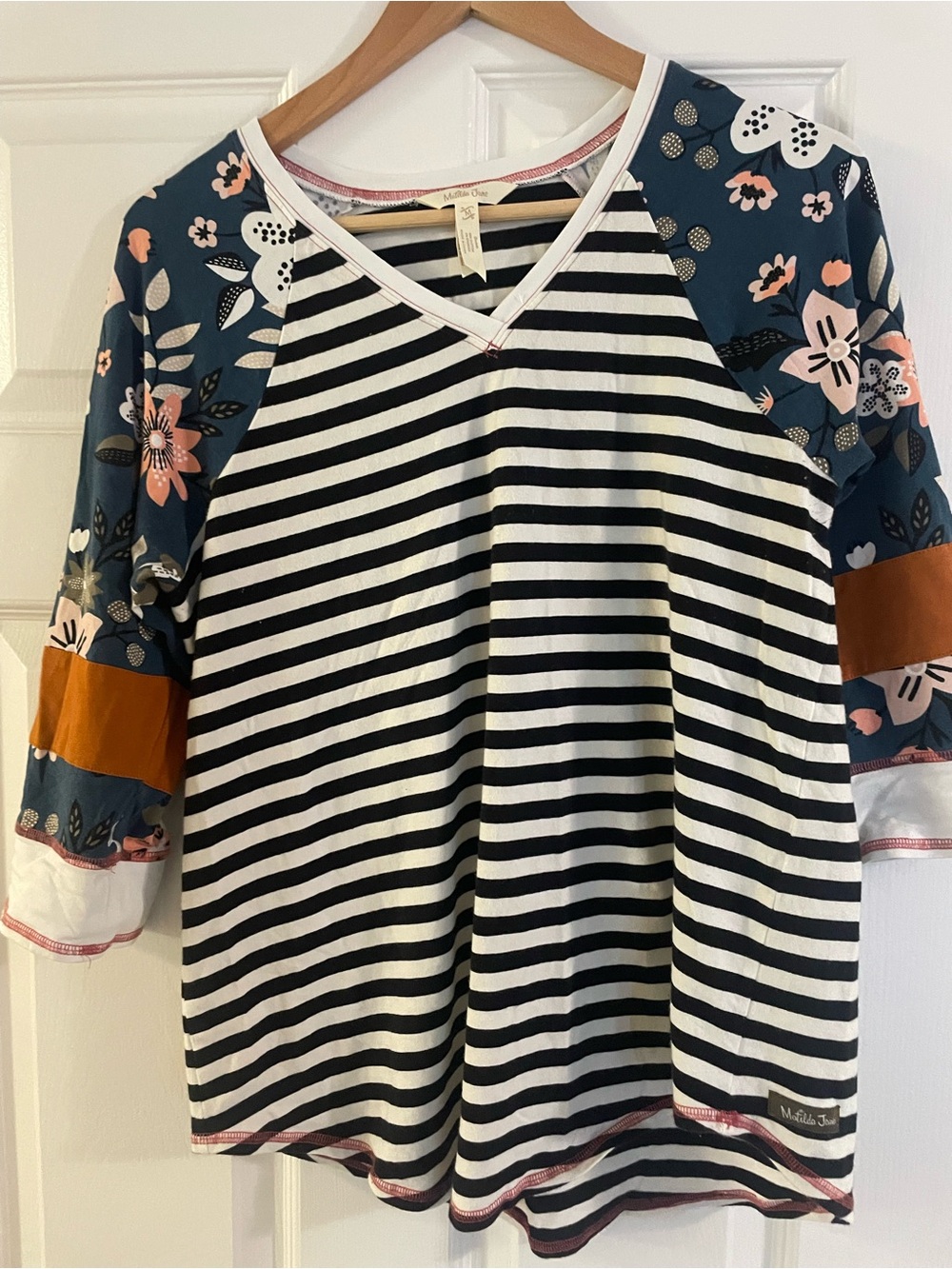 Matilda Jane Black & White Striped V-Neck Top with Floral Teal Sleeves